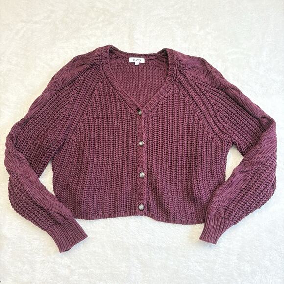 525 Cable Knit Cardigan Sweater Maroon button down Sz L - Picture 1 of 11